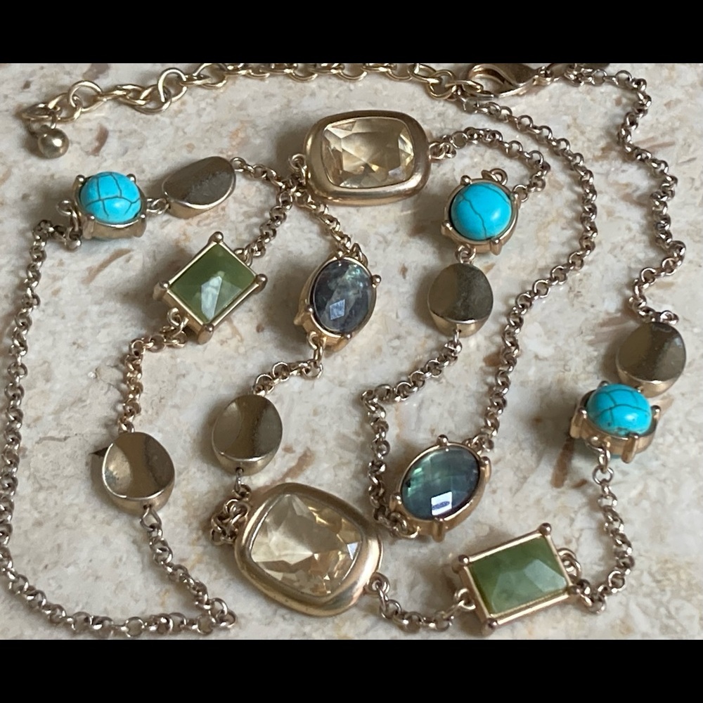 CHICO’S Turquoise & Silver Tone, Natural Stone & Faceted Crystal Necklace
